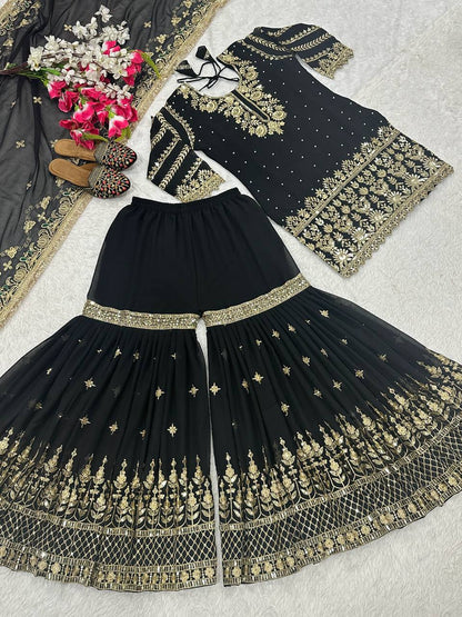 Heavy Embroidered Black Color Sharara Palazzo Suit with Dupatta