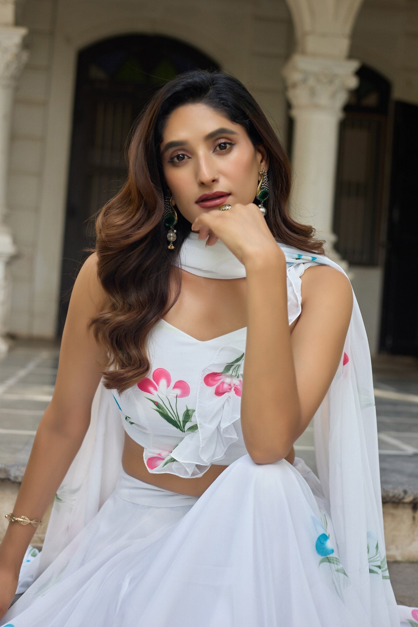 Glorious White Color Soft Georgette Hand Painted Floral Lehenga Choli