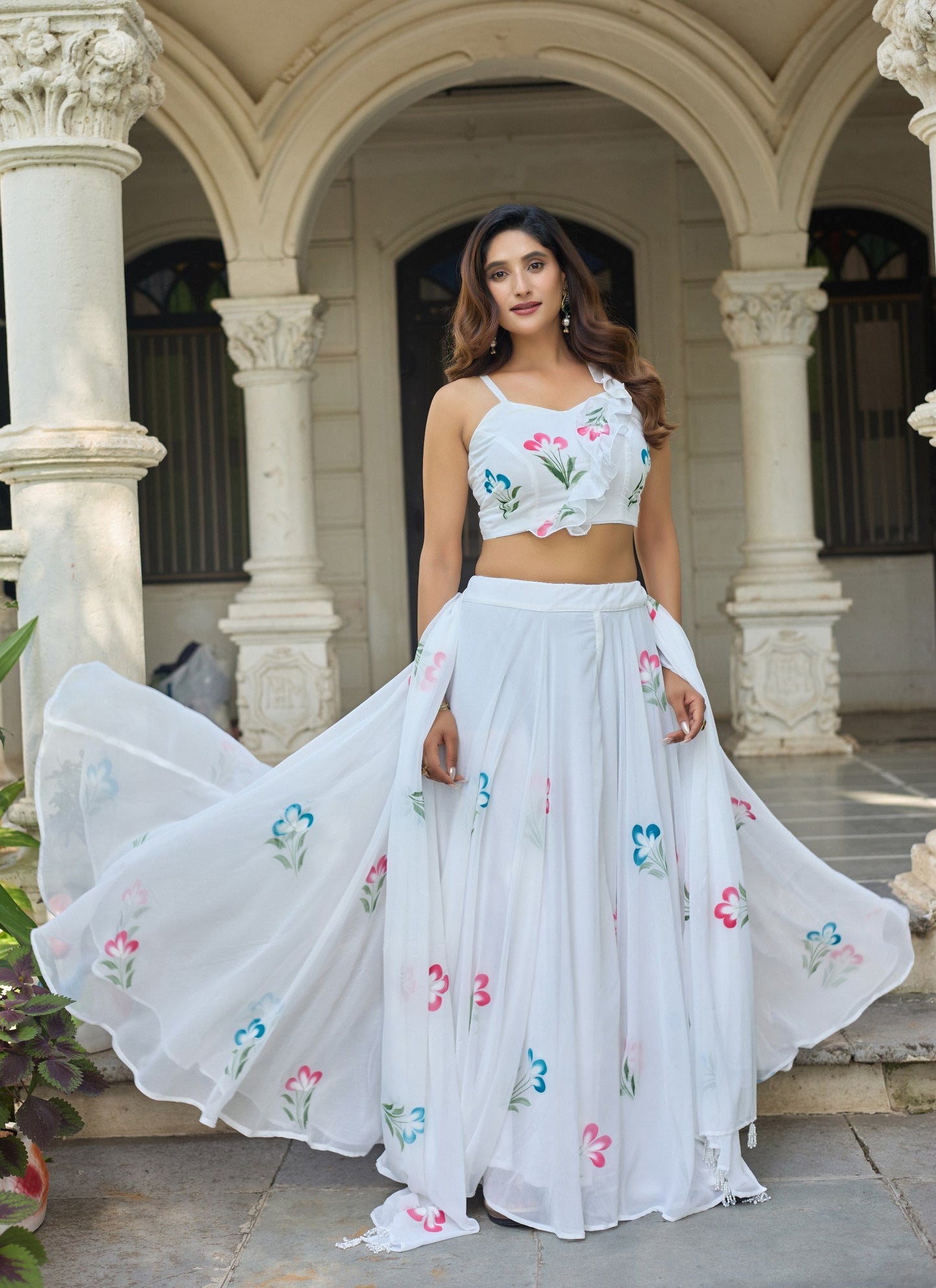 Glorious White Color Soft Georgette Hand Painted Floral Lehenga Choli