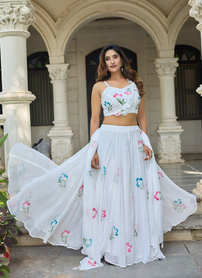Glorious White Color Soft Georgette Hand Painted Floral Lehenga Choli