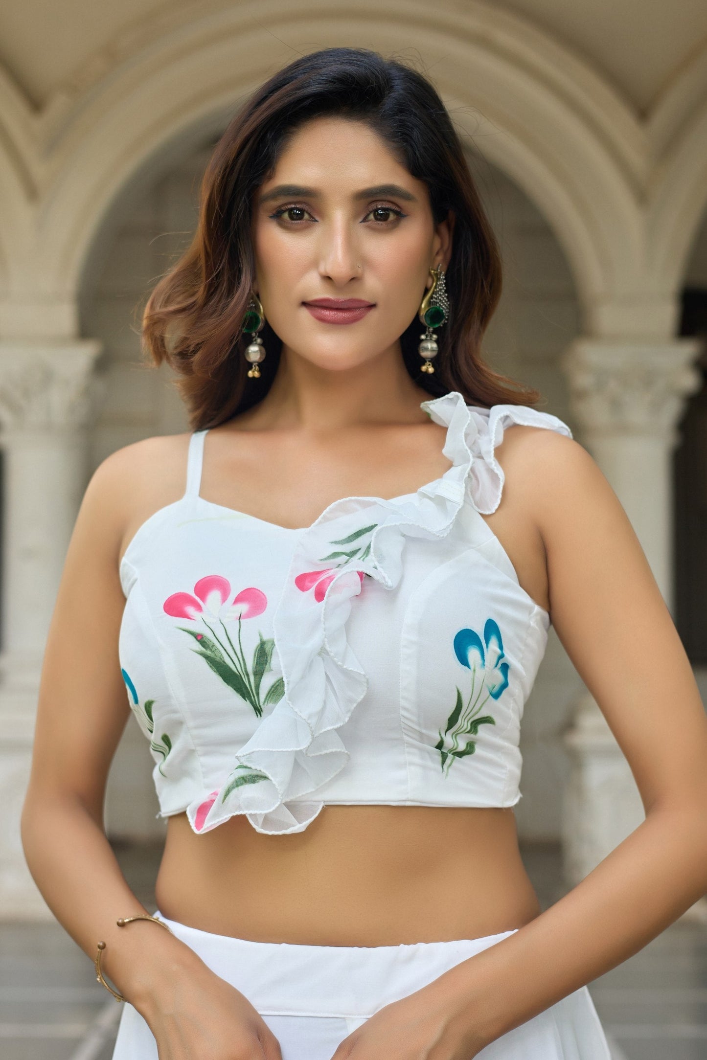 Glorious White Color Soft Georgette Hand Painted Floral Lehenga Choli
