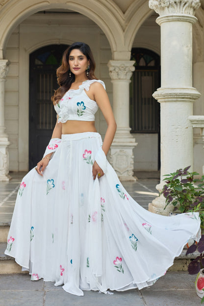 Glorious White Color Soft Georgette Hand Painted Floral Lehenga Choli