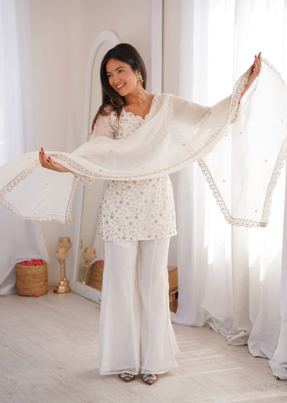 Wedding Wear White Color Sequence Jari Work Bell Bottom Pant With Kurta