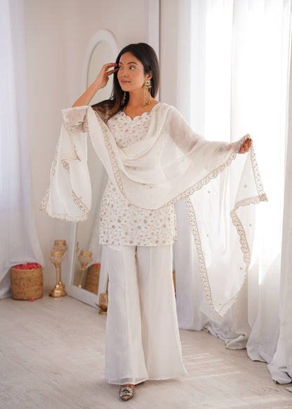 Wedding Wear White Color Sequence Jari Work Bell Bottom Pant With Kurta