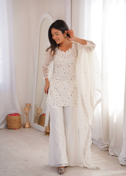 Wedding Wear White Color Sequence Jari Work Bell Bottom Pant With Kurta
