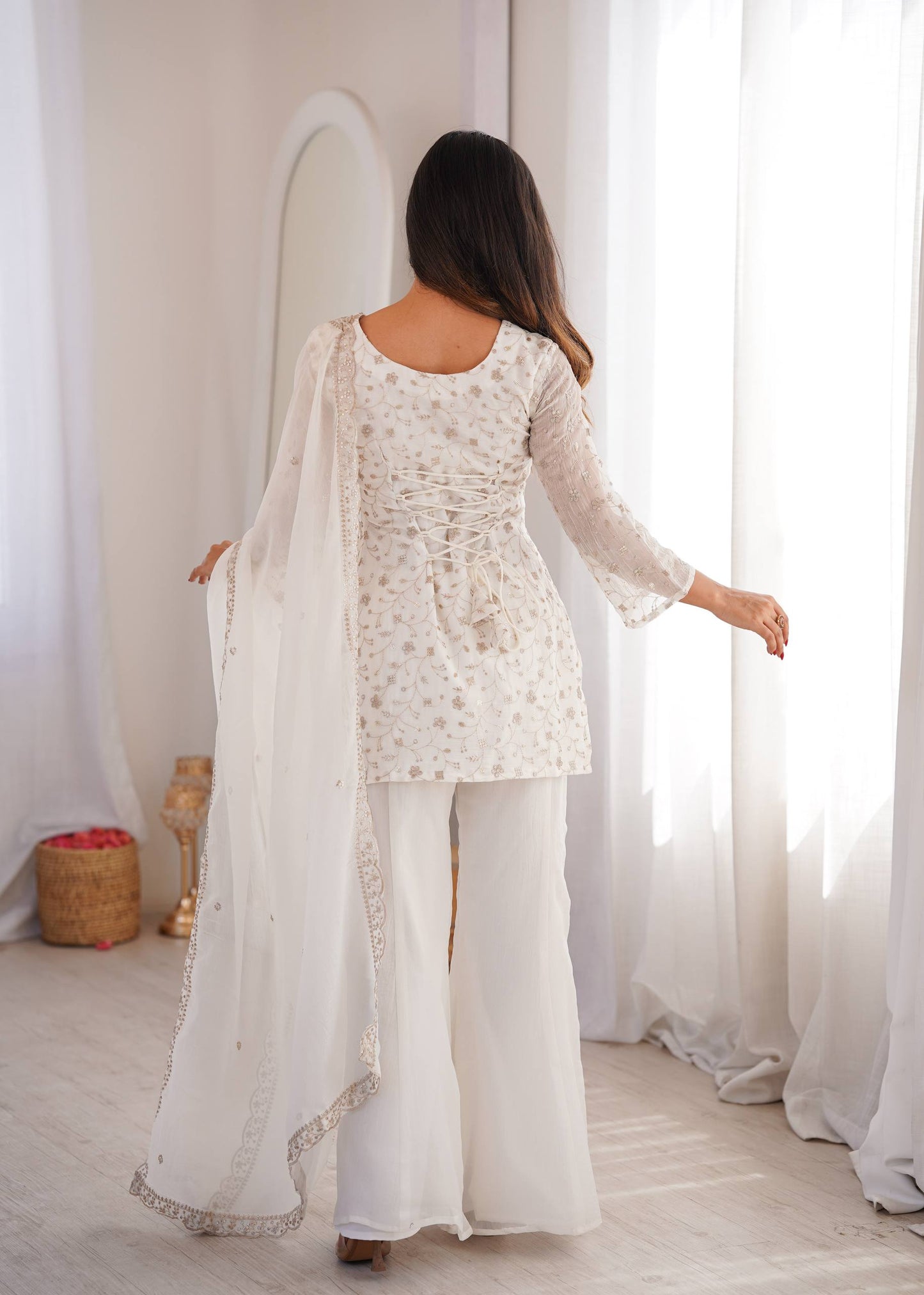 Wedding Wear White Color Sequence Jari Work Bell Bottom Pant With Kurta