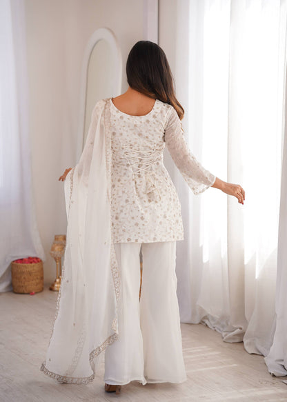 Wedding Wear White Color Sequence Jari Work Bell Bottom Pant With Kurta
