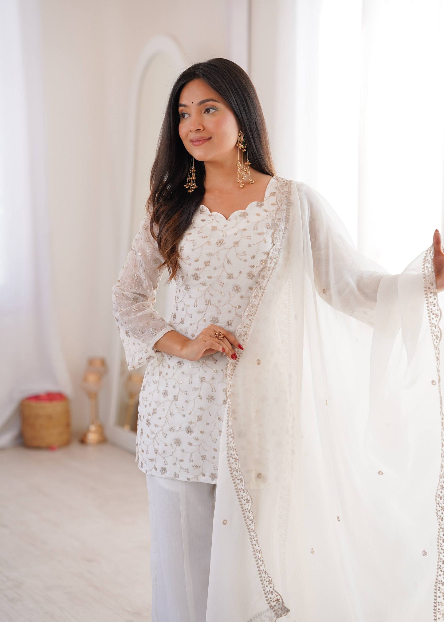 Wedding Wear White Color Sequence Jari Work Bell Bottom Pant With Kurta