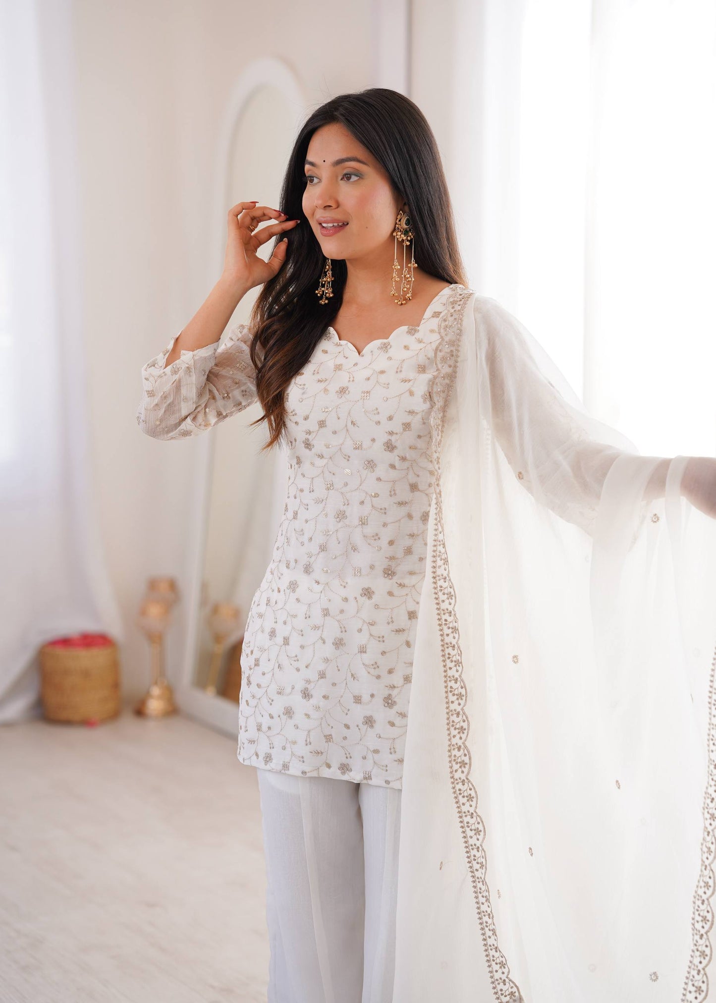 Wedding Wear White Color Sequence Jari Work Bell Bottom Pant With Kurta
