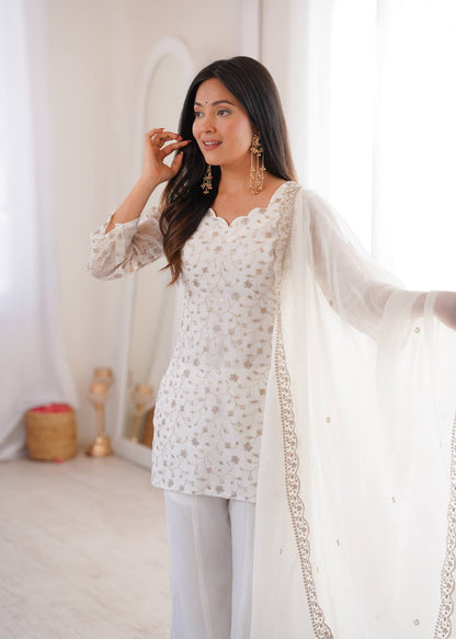 Wedding Wear White Color Sequence Jari Work Bell Bottom Pant With Kurta