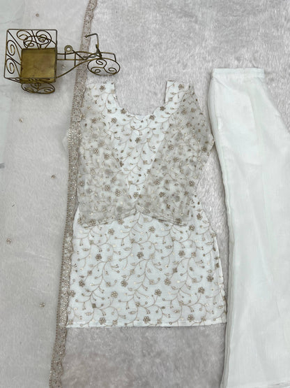 Wedding Wear White Color Sequence Jari Work Bell Bottom Pant With Kurta