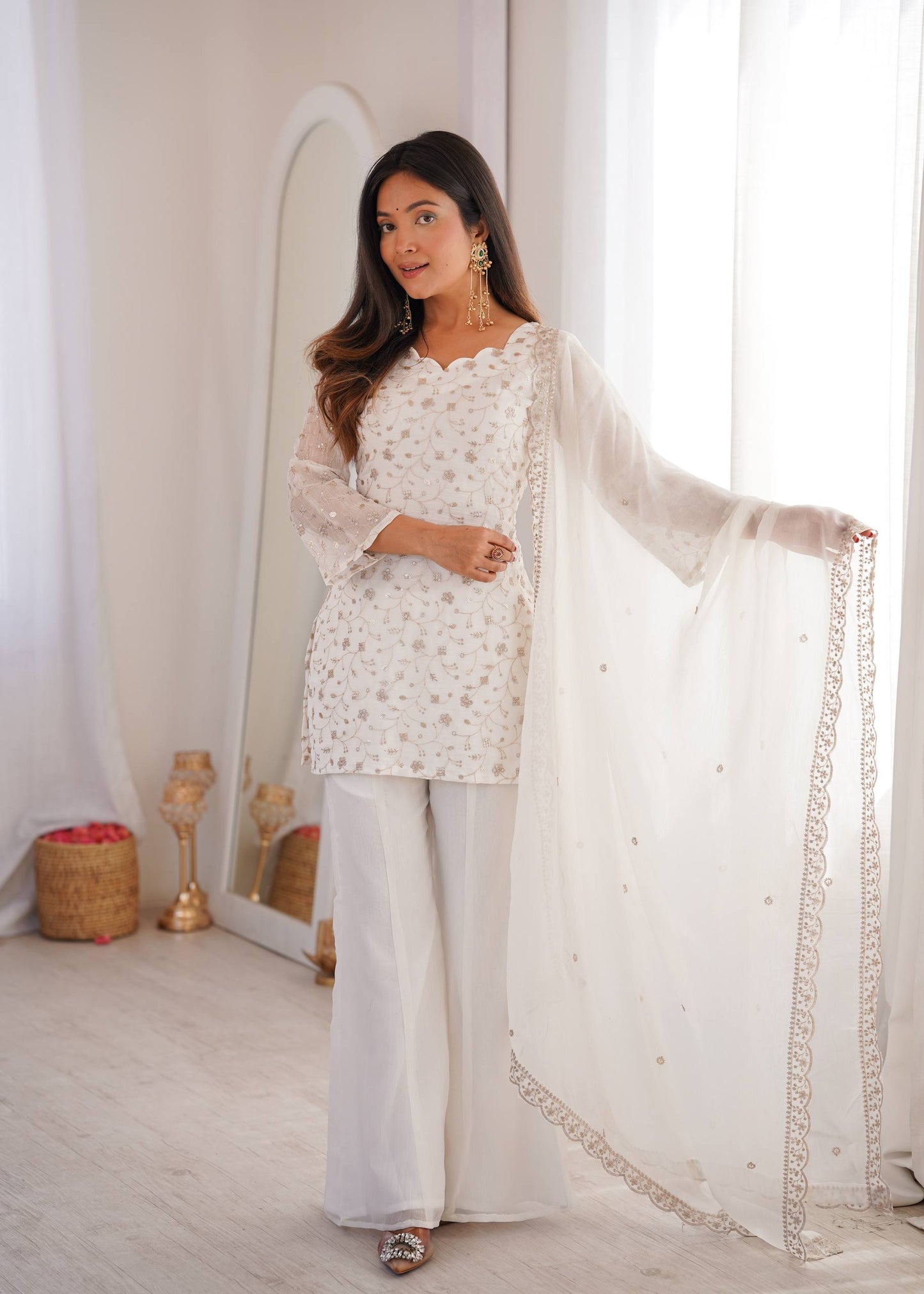 Wedding Wear White Color Sequence Jari Work Bell Bottom Pant With Kurta
