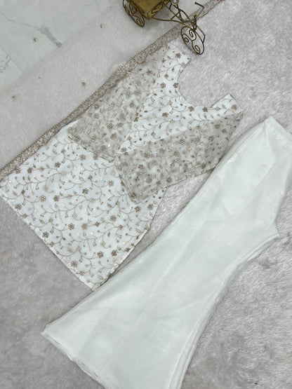 Wedding Wear White Color Sequence Jari Work Bell Bottom Pant With Kurta