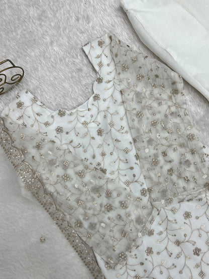 Wedding Wear White Color Sequence Jari Work Bell Bottom Pant With Kurta