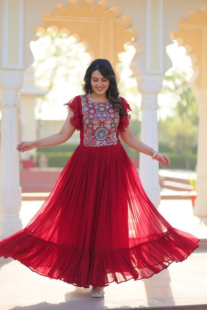 Red Faux Blooming Designer Gown – Beads & Sequins Embroidery Work With 7 Mtr Flair Ready to Wear