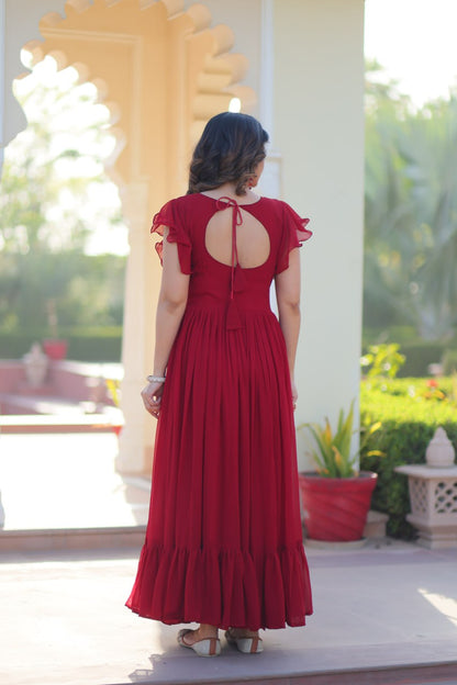 Red Faux Blooming Designer Gown – Beads & Sequins Embroidery Work With 7 Mtr Flair Ready to Wear