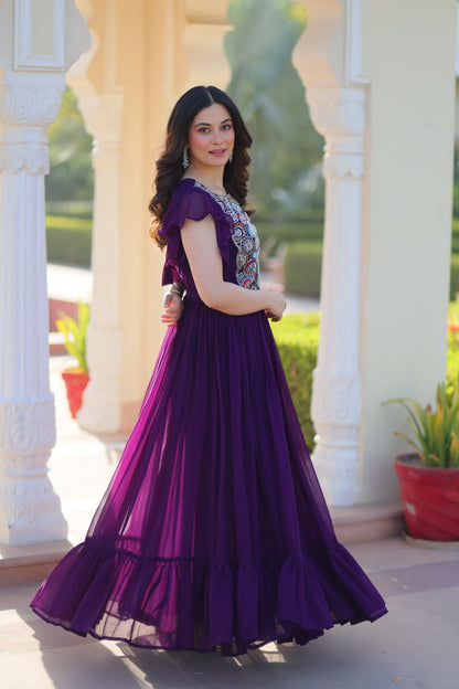 Purple Faux Blooming Designer Gown – Beads & Sequins Embroidery Work With 7 Mtr Flair Ready to Wear