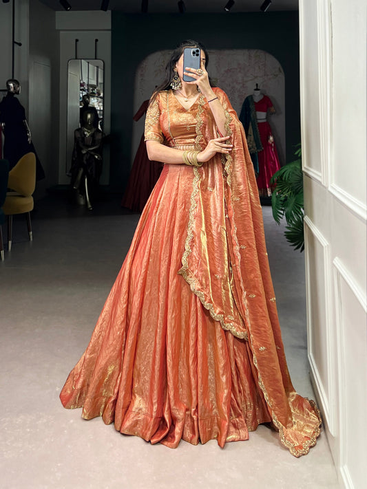 Designer Pastel Orange Color Embroidered Sequences Work Lehenga Choli