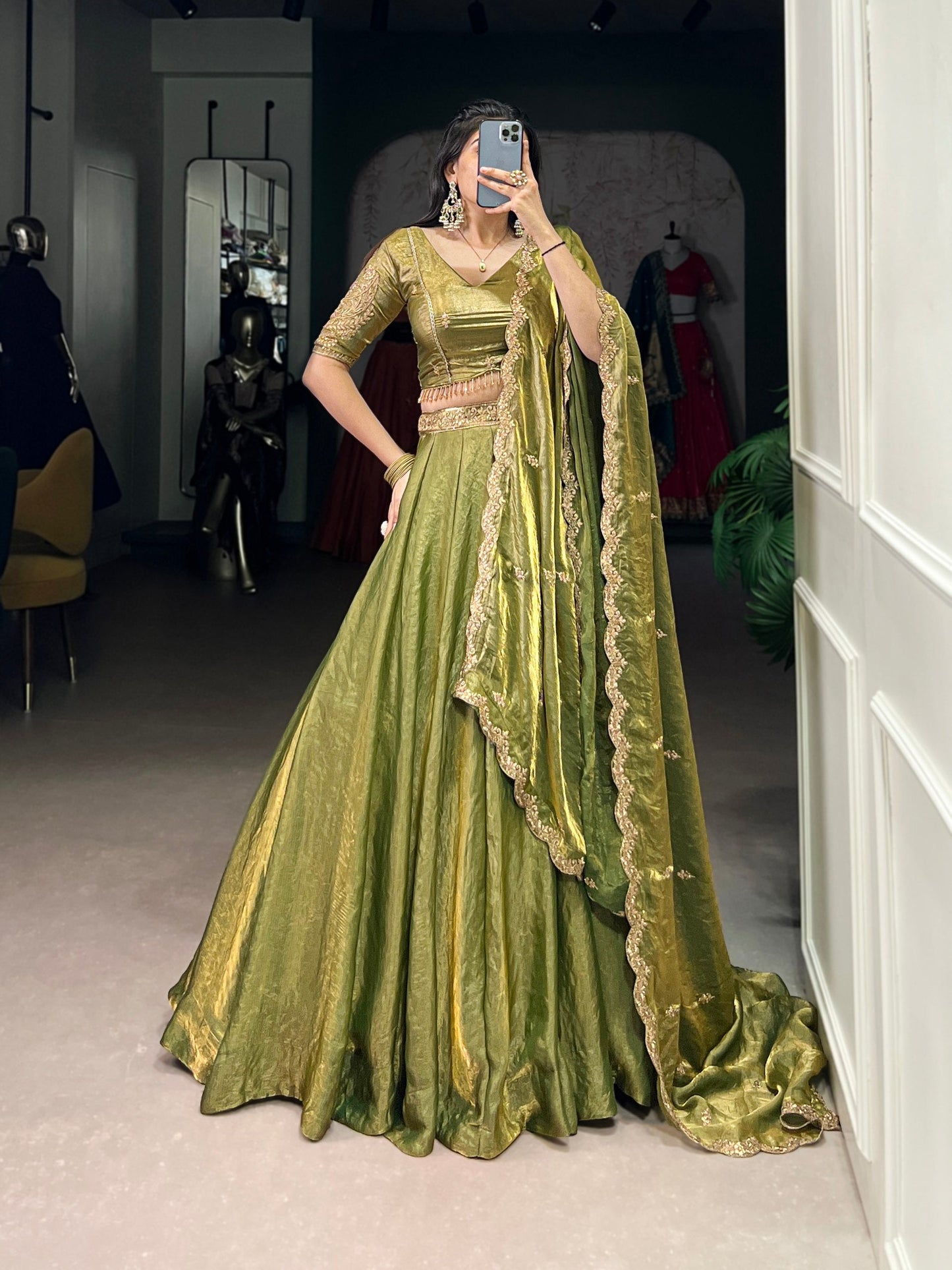 Designer Pastel Mehndi Color Embroidered Sequences Work Lehenga Choli