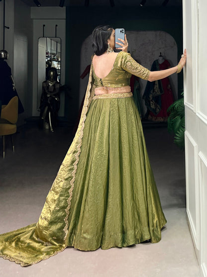 Designer Pastel Mehndi Color Embroidered Sequences Work Lehenga Choli