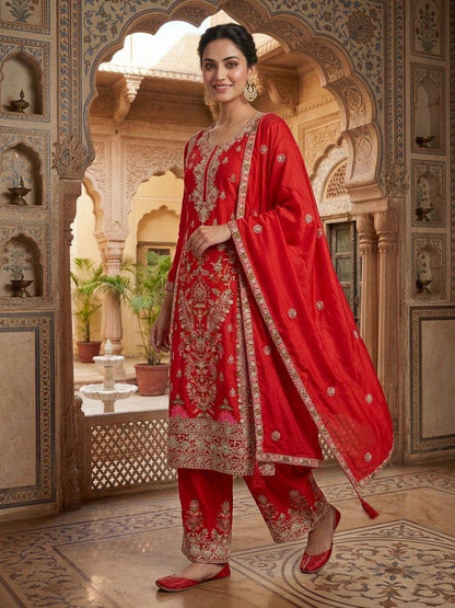 Luxuriant Red Color Embroidered Coding Sequence Work Palazzo Suit