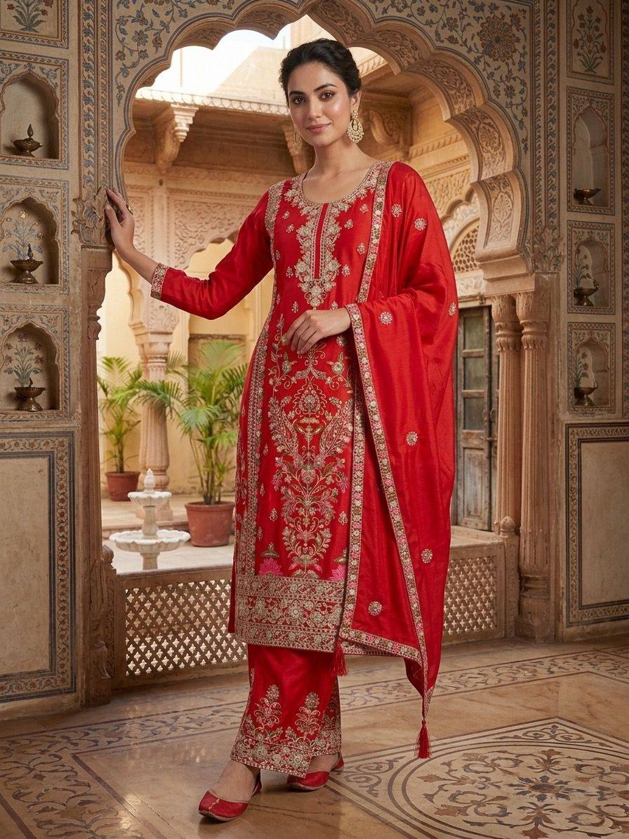 Luxuriant Red Color Embroidered Coding Sequence Work Palazzo Suit