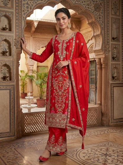 Luxuriant Red Color Embroidered Coding Sequence Work Palazzo Suit