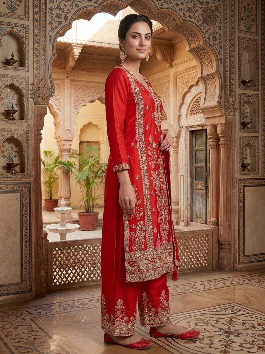 Luxuriant Red Color Embroidered Coding Sequence Work Palazzo Suit