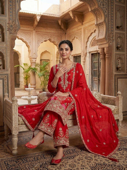 Luxuriant Red Color Embroidered Coding Sequence Work Palazzo Suit
