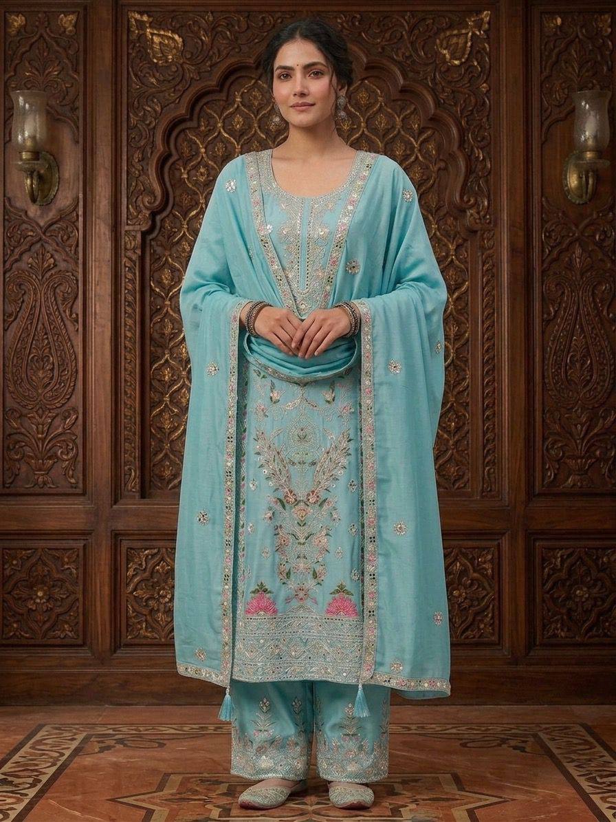 Glorious Sky Blue Color Heavy Embroidered Coding Sequence Work Palazzo Suit