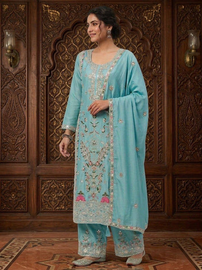 Glorious Sky Blue Color Heavy Embroidered Coding Sequence Work Palazzo Suit