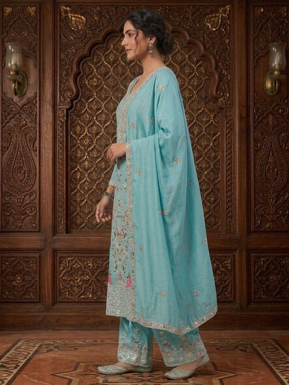 Glorious Sky Blue Color Heavy Embroidered Coding Sequence Work Palazzo Suit