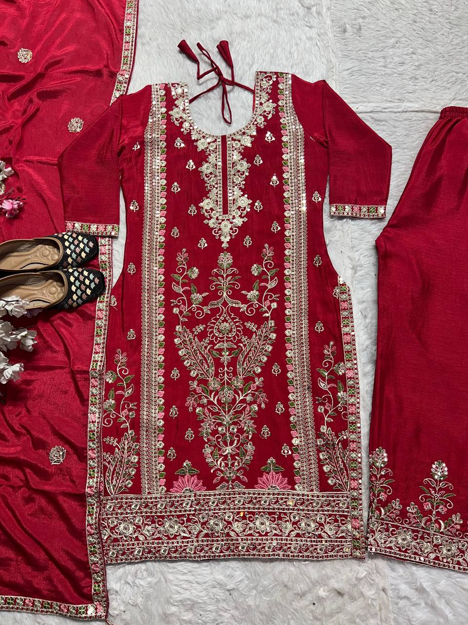 Luxuriant Red Color Embroidered Coding Sequence Work Palazzo Suit