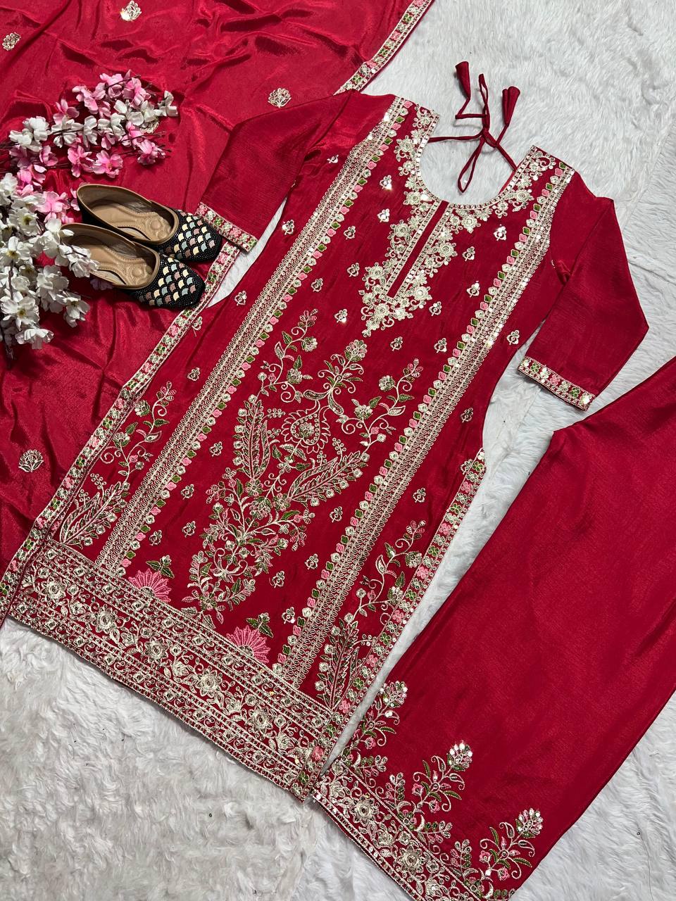 Luxuriant Red Color Embroidered Coding Sequence Work Palazzo Suit