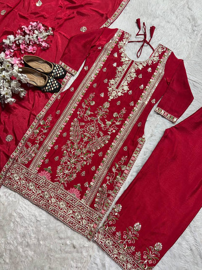 Luxuriant Red Color Embroidered Coding Sequence Work Palazzo Suit