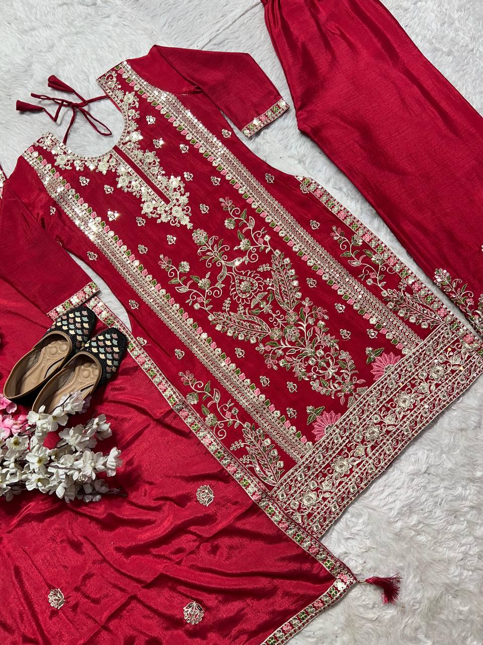 Luxuriant Red Color Embroidered Coding Sequence Work Palazzo Suit