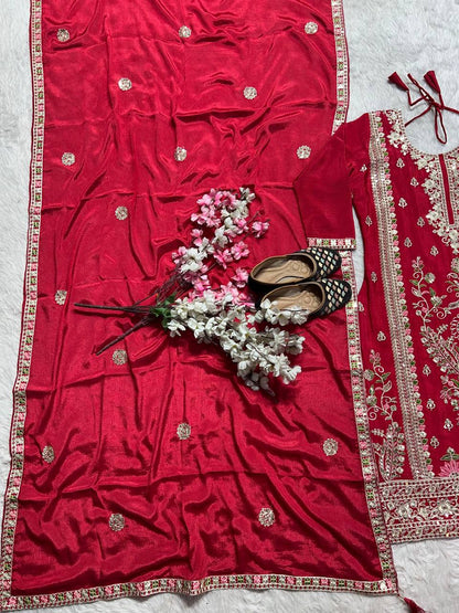 Luxuriant Red Color Embroidered Coding Sequence Work Palazzo Suit