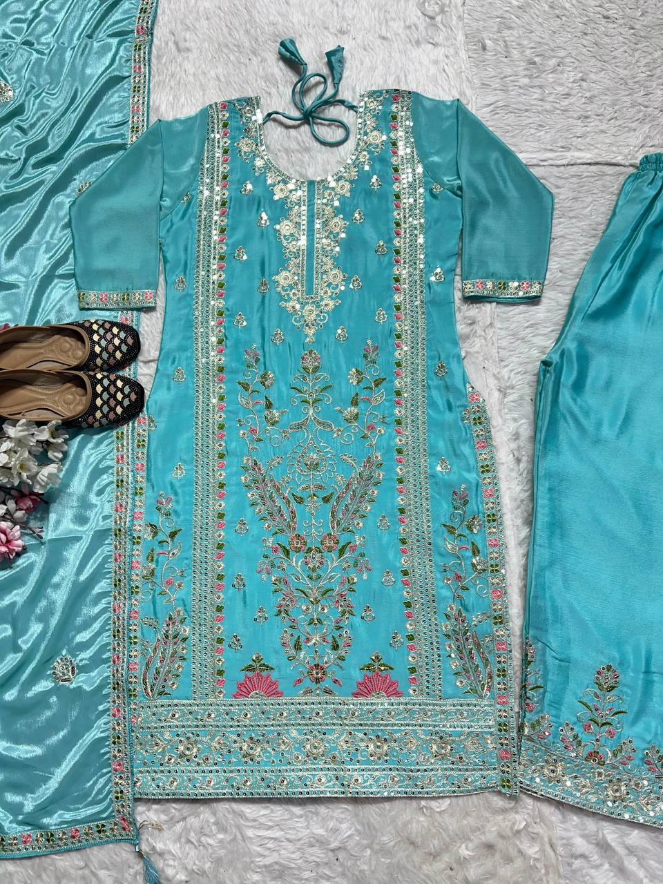 Glorious Sky Blue Color Heavy Embroidered Coding Sequence Work Palazzo Suit