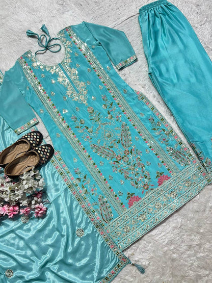 Glorious Sky Blue Color Heavy Embroidered Coding Sequence Work Palazzo Suit