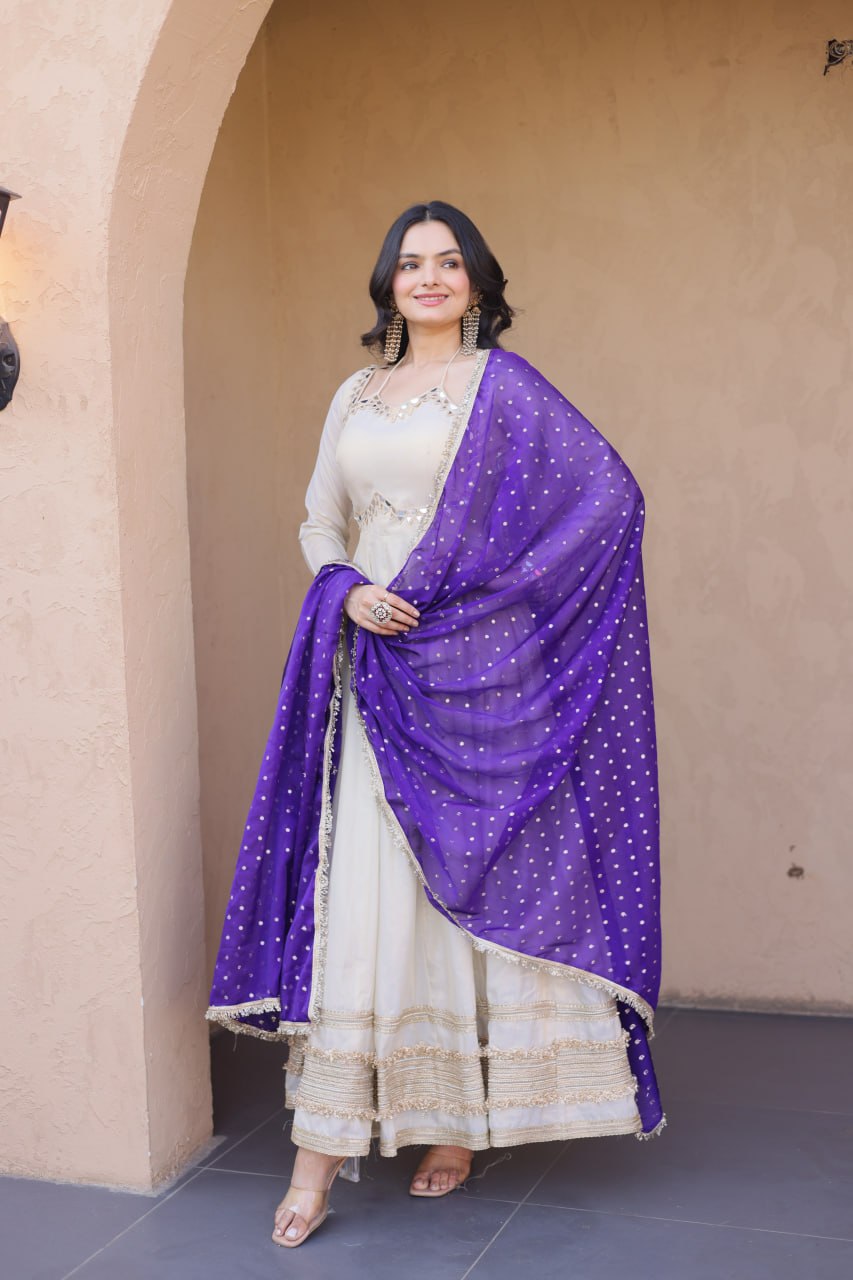 Party Wear Purple Color Mirror Work With Zari Embroidered Anarkali Gown