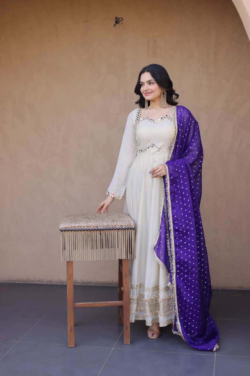 Party Wear Purple Color Mirror Work With Zari Embroidered Anarkali Gown