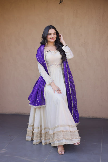 Party Wear Purple Color Mirror Work With Zari Embroidered Anarkali Gown
