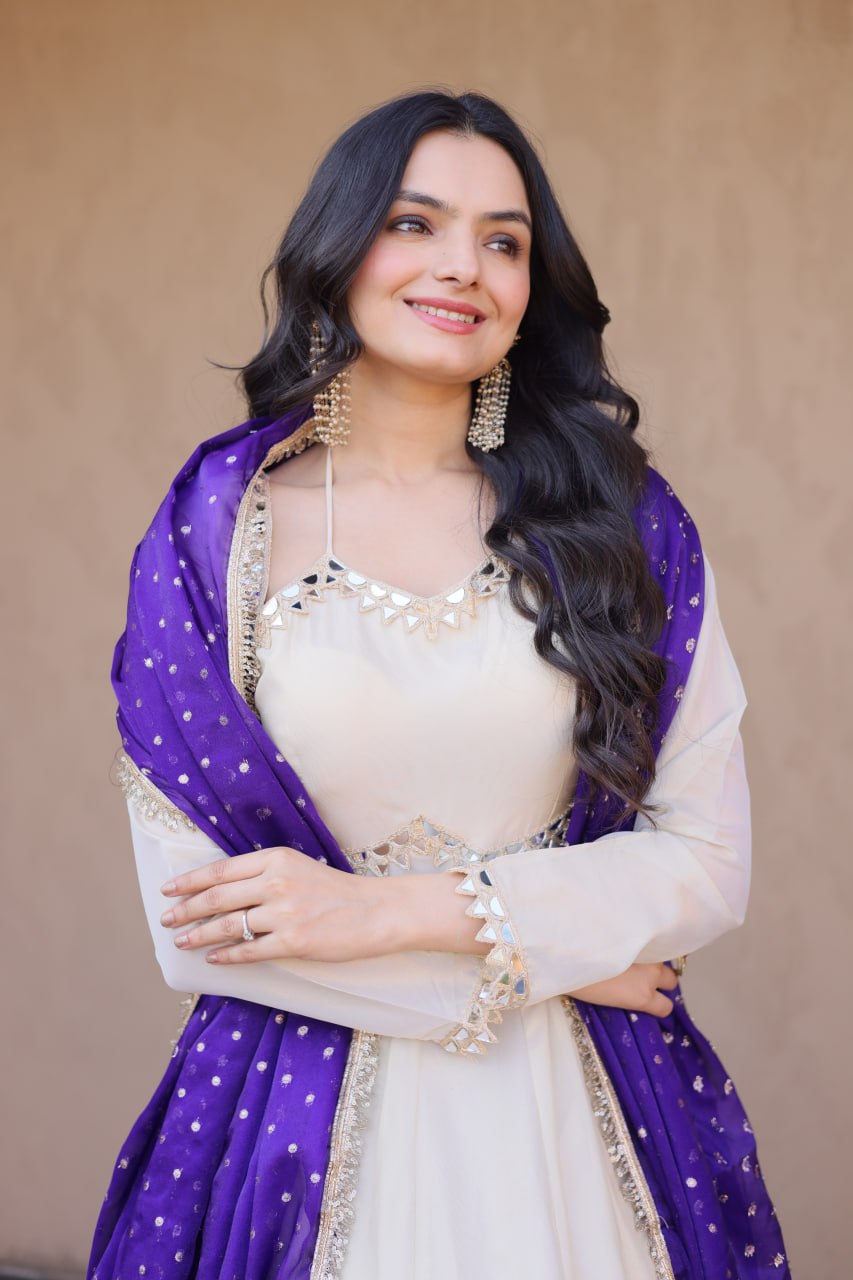 Party Wear Purple Color Mirror Work With Zari Embroidered Anarkali Gown