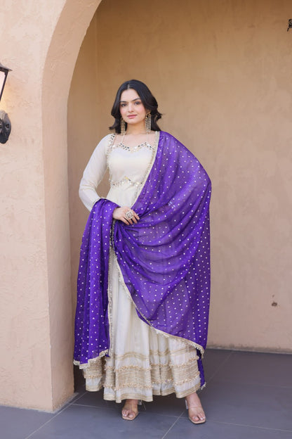 Party Wear Purple Color Mirror Work With Zari Embroidered Anarkali Gown