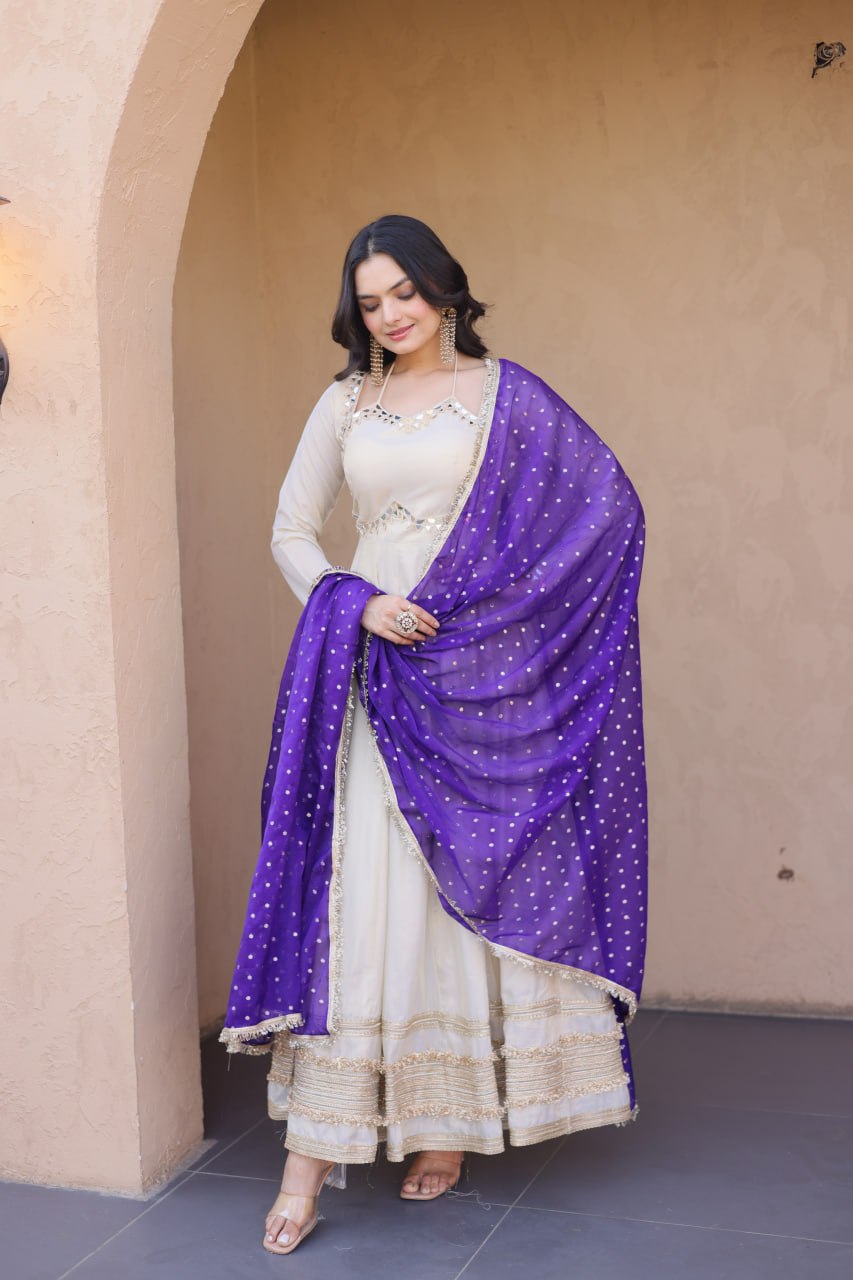 Party Wear Purple Color Mirror Work With Zari Embroidered Anarkali Gown