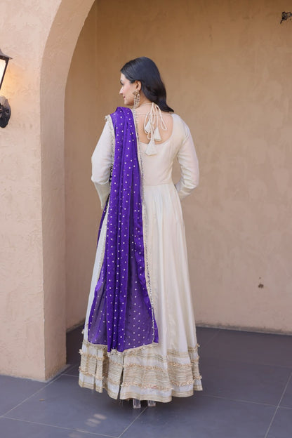 Party Wear Purple Color Mirror Work With Zari Embroidered Anarkali Gown
