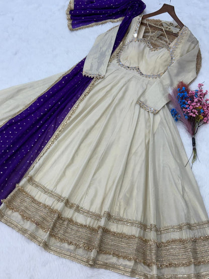 Party Wear Purple Color Mirror Work With Zari Embroidered Anarkali Gown