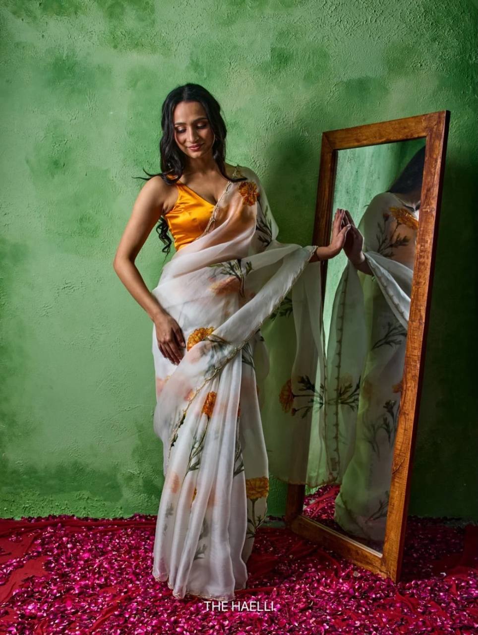 Glimmering Yellow Color Floral Printed Beads Handwork Saree With Blouse