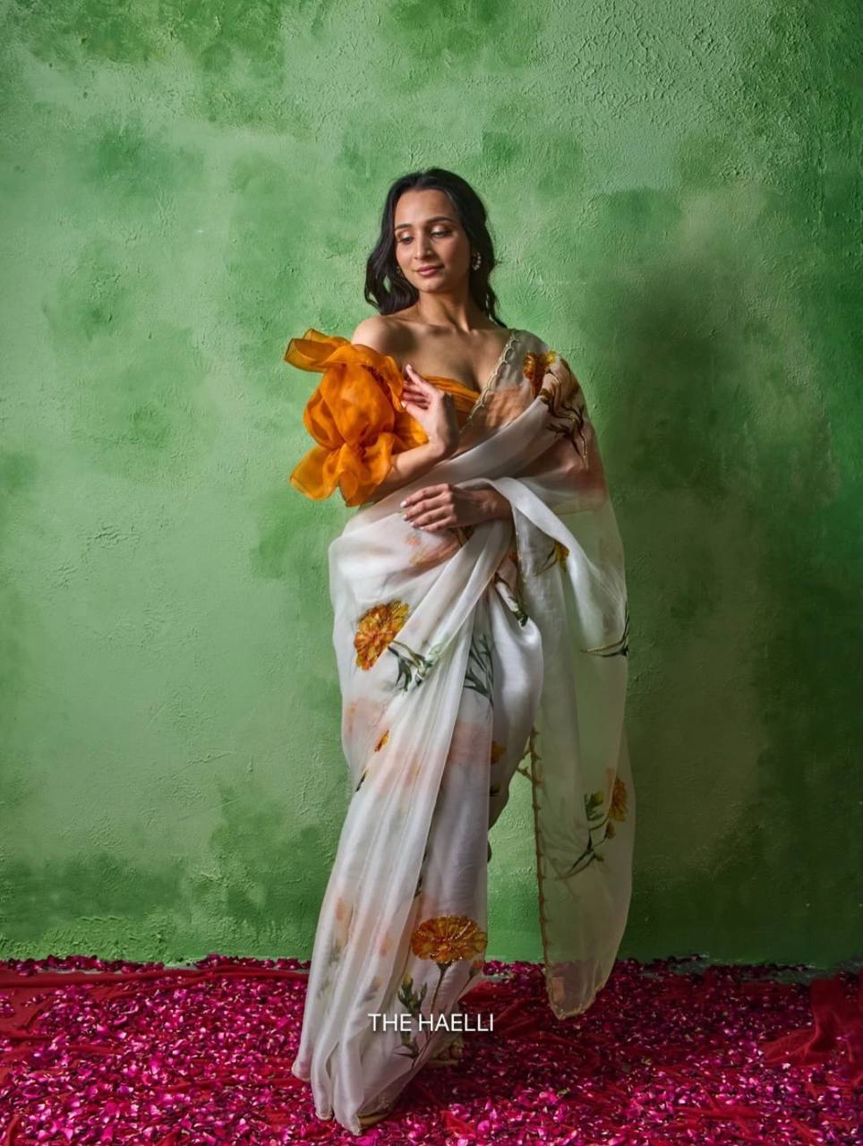 Glimmering Yellow Color Floral Printed Beads Handwork Saree With Blouse