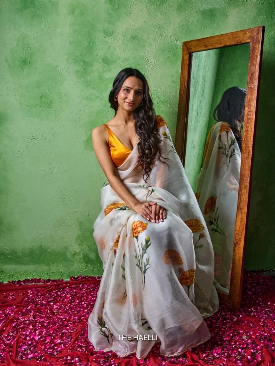 Glimmering Yellow Color Floral Printed Beads Handwork Saree With Blouse